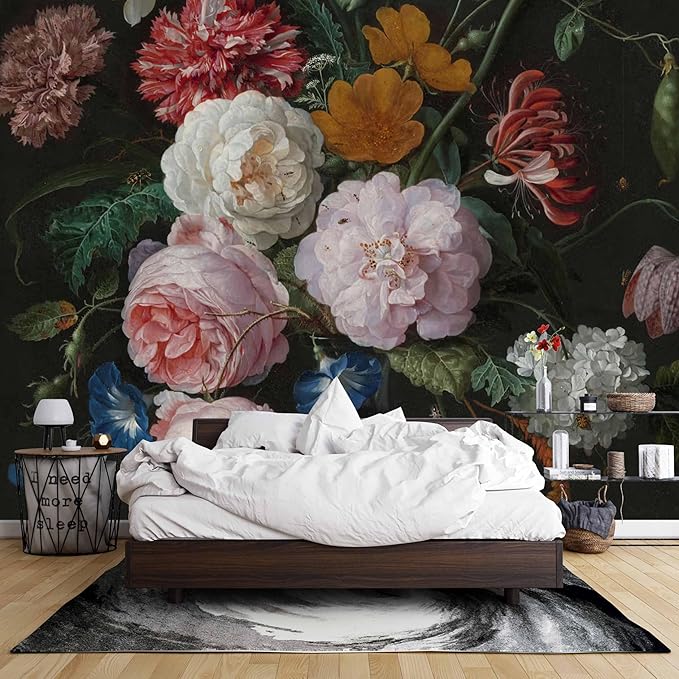 Wall Mural Peel and Stick Vintage Floral Mural- Thick Canvas Waterproof Wallpaper Art for Living Room Bedroom, Large Self-Adhesive Decor (Color-8, 118×82 inch)