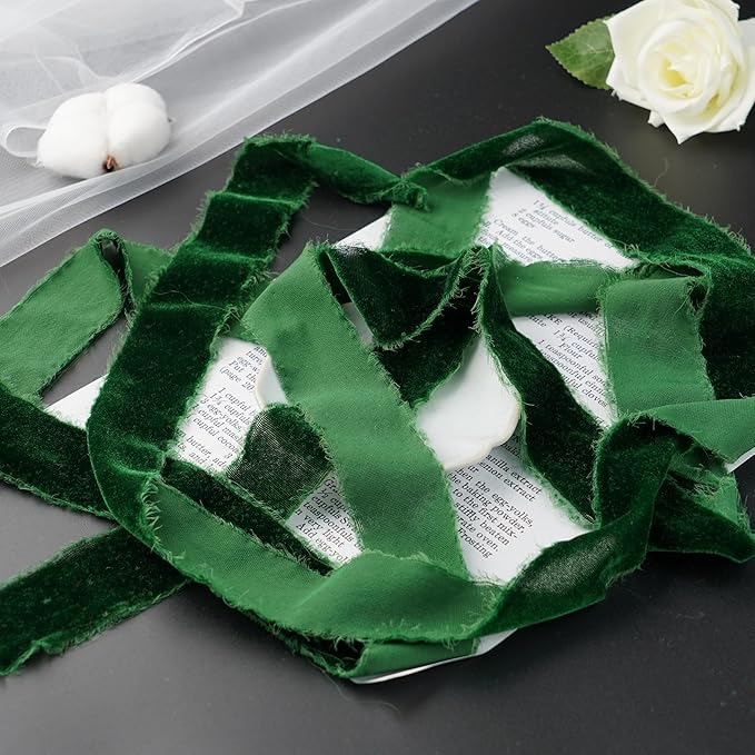 Dark Green Velvet Ribbon for Christmas Tree Decorations Frayed Silk Velvet Ribbon 1.5 Inch for Gift Wrapping, Christmas Tree, Wedding Vow Books -3yards