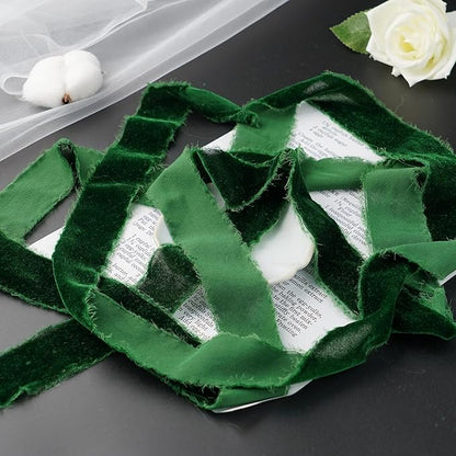 Dark Green Velvet Ribbon for Christmas Tree Decorations Frayed Silk Velvet Ribbon 1.5 Inch for Gift Wrapping, Christmas Tree, Wedding Vow Books -3yards