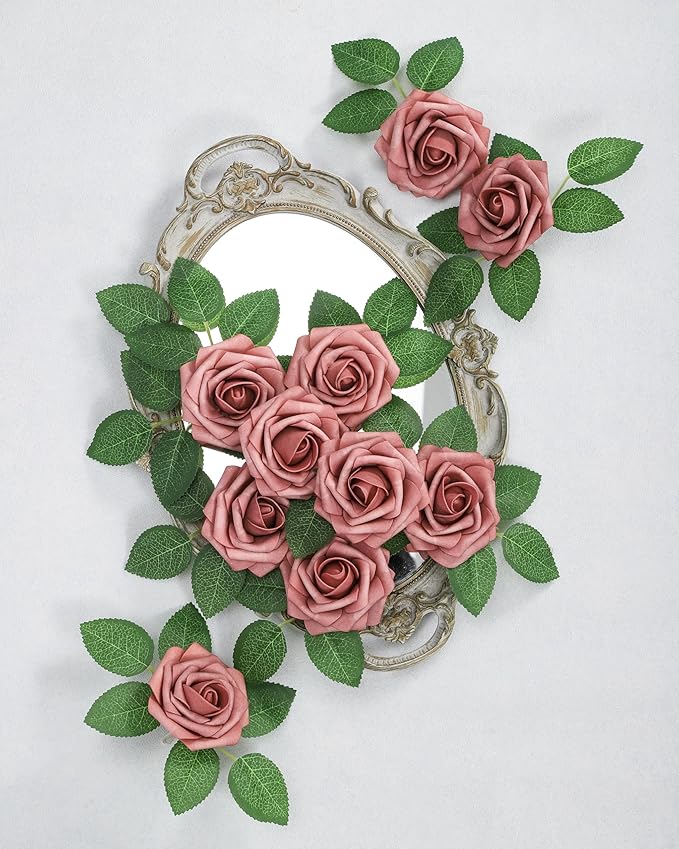 DuHouse 25Pcs Artificial Roses Flowers Fake Rose with Stems Real Touch Foam Flowers for DIY Wedding Bouquet Baby Shower Centerpiece Floral Arrangement Party Home Decor(Dusty Rose)