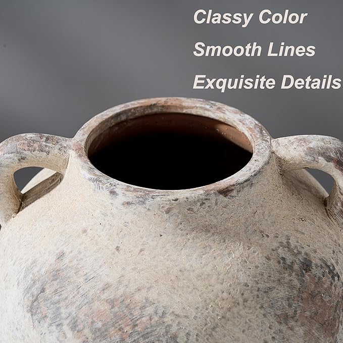Antique Ceramic Vase, 5.8 Inch Terracotta Vase with Handles, Decorative Rustic Vase for Home Decor, Farmhouse, Living Room, Table, Bedroom, Entrance, Office - Gray