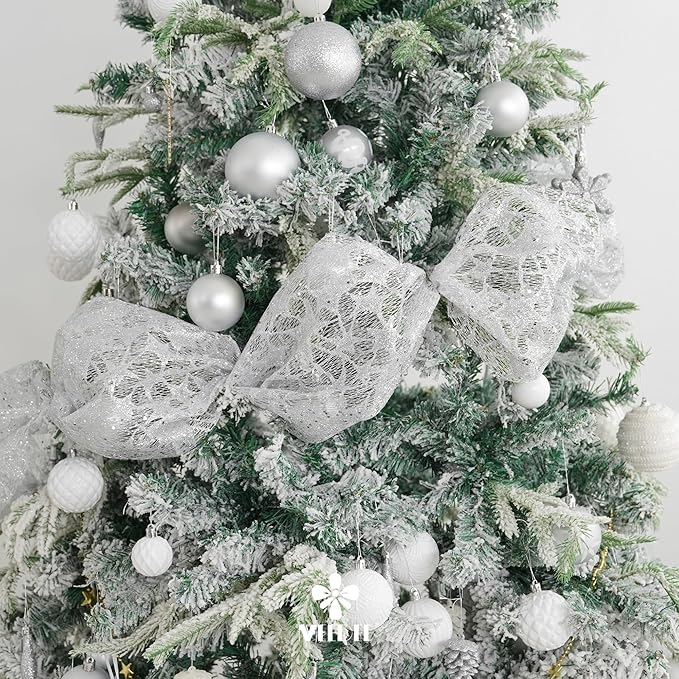 MEEDEE Silver Glitter Mesh Star Web Ribbon 10 Inch Wide by 10 Yards Roll Silver Fabric Ribbon Decorative Mesh Ribbon for Christmas Tree, Garland, Holiday Wreaths, Bows