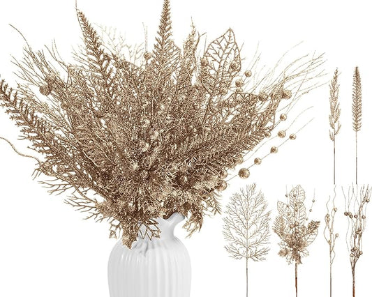 30 Pcs Artificial Christmas Tree Picks and Sprays Glitter Berry Stem Branches Holly Floral Picks Twigs Christmas Tree Ornaments for DIY Xmas Wreath Vase Filler Decorations(Champagne)