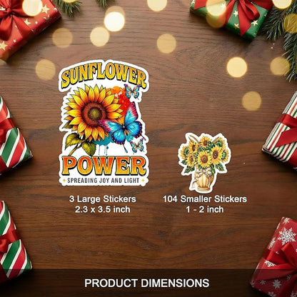107 PCS Sunflower Stickers Pack, Floral Vinyl Waterproof Decals with Sunflowers Hummingbirds Butterflies, Gift for Teens Adults Students Birthday Christmas Laptop Water Bottle Scrapbook