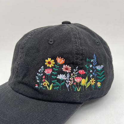 Cute Flower Hat, Elegant Floral Embroidered Adjustable Baseball Cap for Men Women, Gifts for Flower Lovers, Black