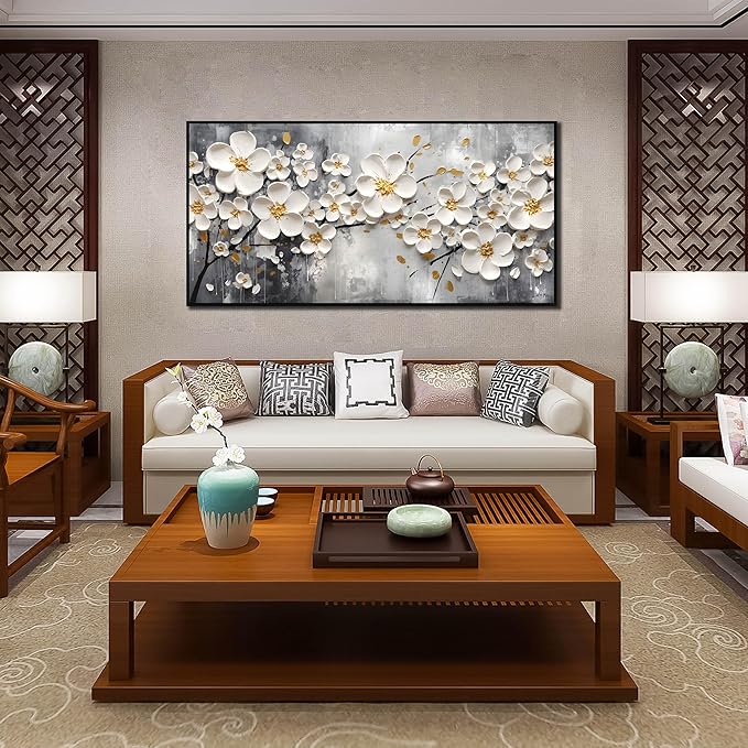 Flowers Canvas Wall Art for Bedroom - White Art Paintings for Wall Living Room - Framed Wall Art for Office Large Size 29" x 59"