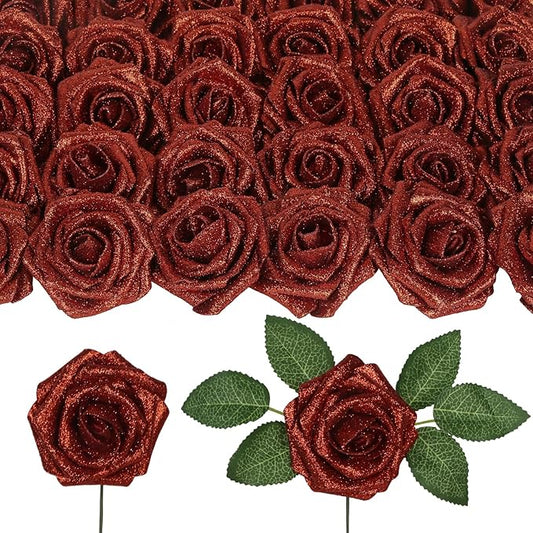 Fake Roses 30PCS Glitter Red Roses Artificial Flowers 3.15" Faux Roses with Stems for DIY Wreath Wedding Christmas Home Party Decor(Red)