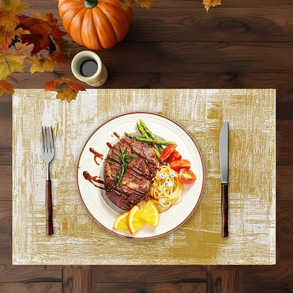 Yellow Beige Placemats Set of 6,Washable Heat Resistant 12×18 Inch Linen Table Mats Modern Place Mats for Party Outdoor Dining Décor