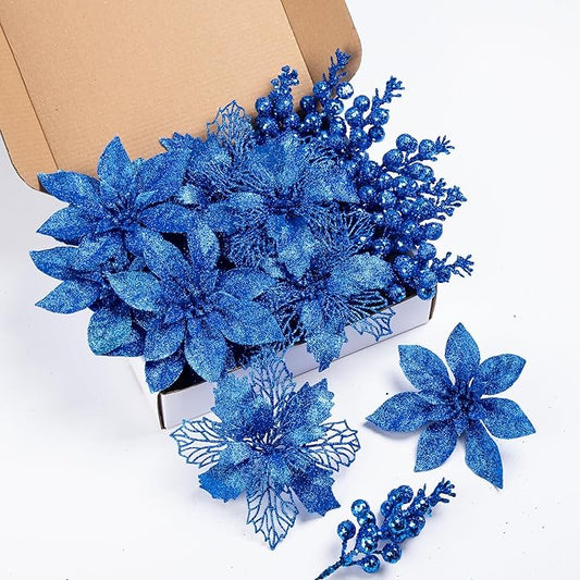 24Pcs Royal Blue Glitter Poinsettia Christmas Tree Ornaments and Glitter Berries Stems, 16Pcs Christmas Artificial Flowers and 8 Pack Christmas Tree Picks for Wedding Holiday Decorations