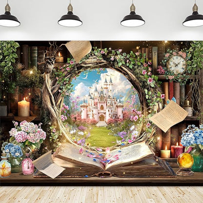 Riyidecor Fairy Woodland Library Backdrop Polyester Fabric Enchanted Castle Tale Reading Bookshelf Pink Floral Plant Botaniy 7Wx5H Feet Magic Nature Photography Background Birthday Photo Studio Shoot