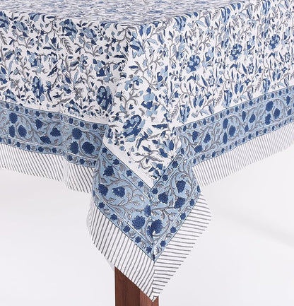 ATOSII Jodhpur Blue 100% Cotton Rectangle Tablecloth, Handblock Floral Linen Table Cloth for Kitchen Dining Table I Parties Wedding Outdoors I Home Decor 60 X 90 Inches