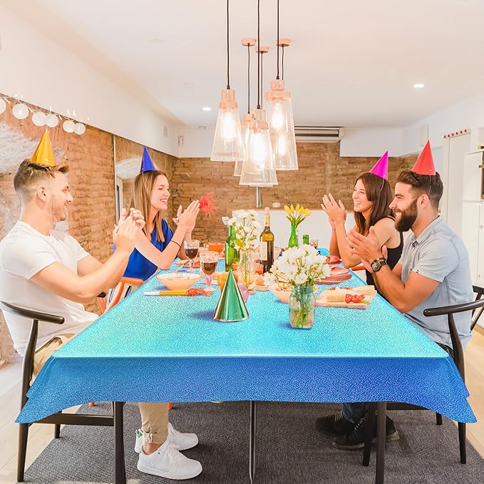 8pcs Blue Holographic Laser Tablecloths 40" x 108" Plastic Table Cloths for Parties Shimmer Shiny Party Decoration for Winter Ocean Princess Birthday Party Wedding Baby Shower Christmas Decor