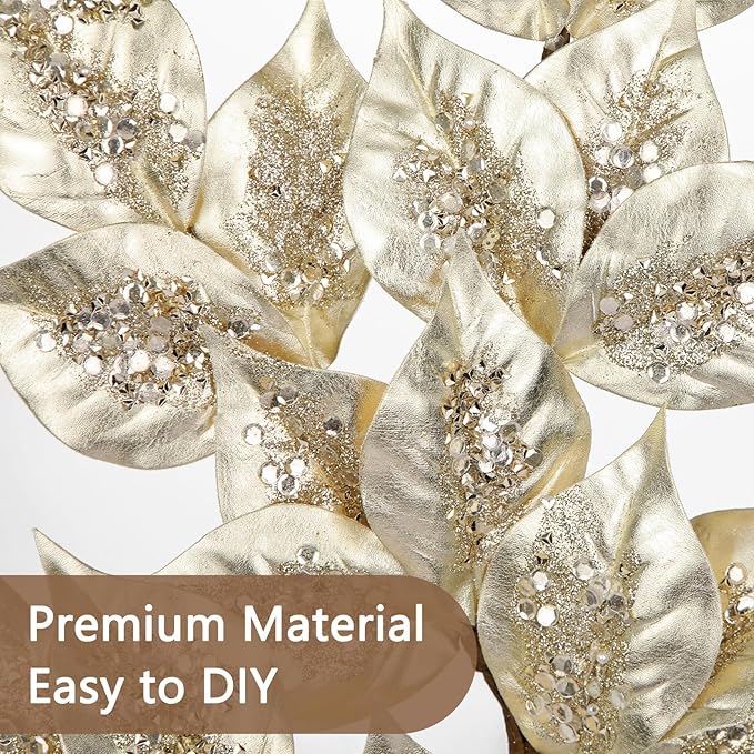Christmas Tree Picks and Sprays 31.5" Champagne Atrificial Elm Leaves with Stems 3 Pcs Christmas Picks for Tree Champagne Vase Fillers for DIY Xmas Trees Wreath Centerpieces Wedding Bouquet Decor