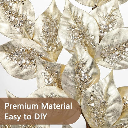 Christmas Tree Picks and Sprays 31.5" Champagne Atrificial Elm Leaves with Stems 3 Pcs Christmas Picks for Tree Champagne Vase Fillers for DIY Xmas Trees Wreath Centerpieces Wedding Bouquet Decor