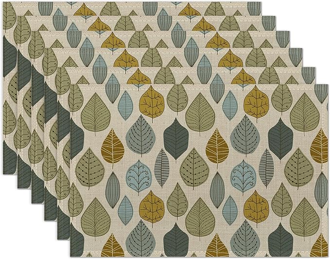 Placemats Set of 6, Autumn Leaves Abstract Leaf Linen Place Mats,Modern Washable Table Placemats 12"x18" Heat Resistant Table Mats for Dining Kitchen Party Holiday Decoration