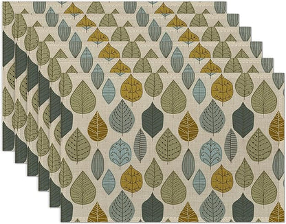 Placemats Set of 6, Autumn Leaves Abstract Leaf Linen Place Mats,Modern Washable Table Placemats 12"x18" Heat Resistant Table Mats for Dining Kitchen Party Holiday Decoration