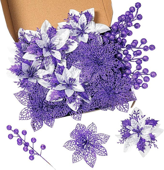 24Pcs Christmas Poinsettia Artificial Flowers and Glitter Berries Kit, 2 Styles Total 16Pcs Christmas Tree Flowers Ornaments, 8Pcs Christmas Tree Picks for Wedding Holiday Decorations, Purple