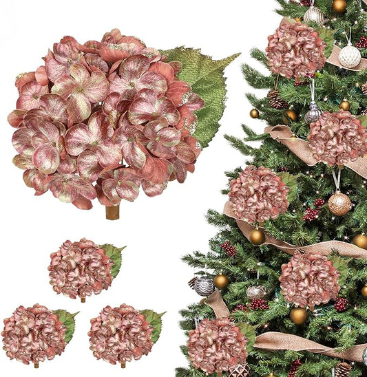 Hollyone Christmas Tree Ornaments 3Pcs Artificial Hydrangea Flowers Heads with Clips Glitter Fake Hydrangea Flower for Christmas Tree Floral Vintage Faux Hydrangea for Wedding Party Xmas Pink