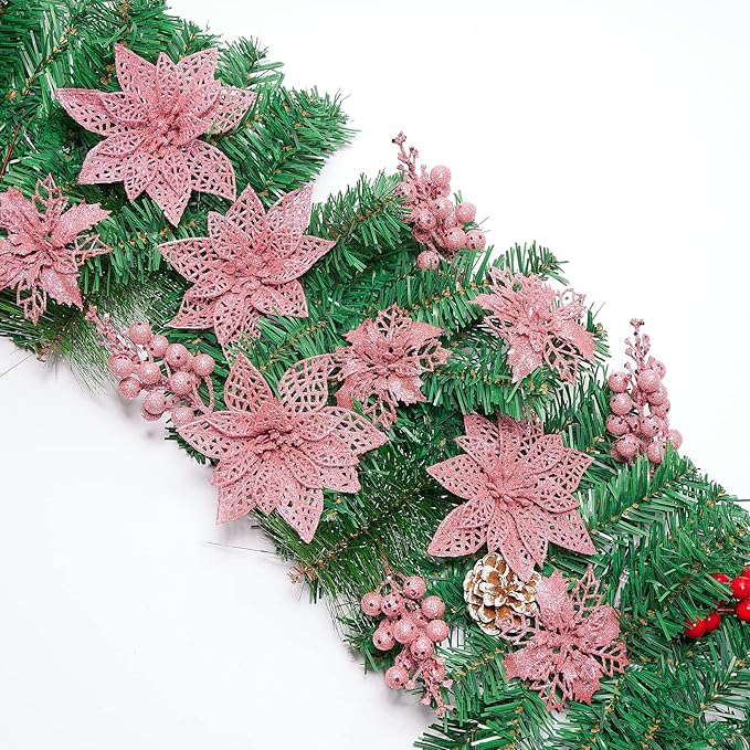 22-Piece Christmas Poinsettia Artificial Flower and Glitter Berries Kit with Tree Ornaments and Picks for Holiday Decor