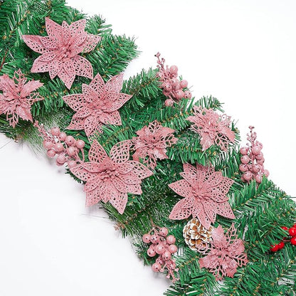 22-Piece Christmas Poinsettia Artificial Flower and Glitter Berries Kit with Tree Ornaments and Picks for Holiday Decor