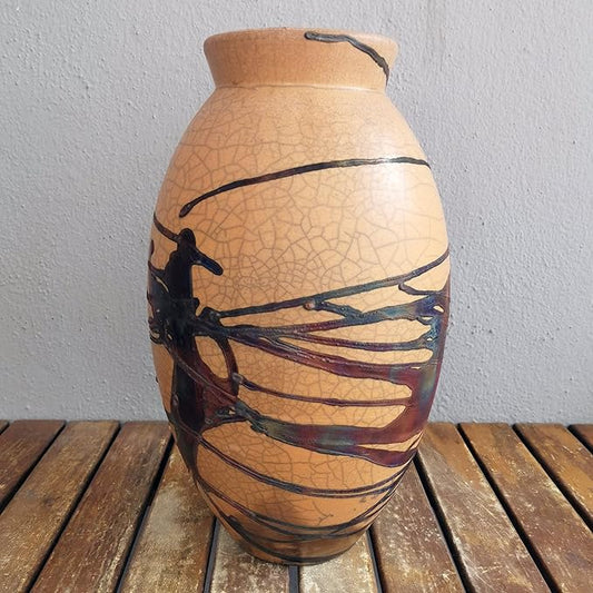 RAAQUU Large Oval Ceramic Half Copper Matte Vase S/N0000490 13.5" Raku Clay Pottery Handcrafted Art Home Décor Table Centerpiece Unique Gift for Her, Mom