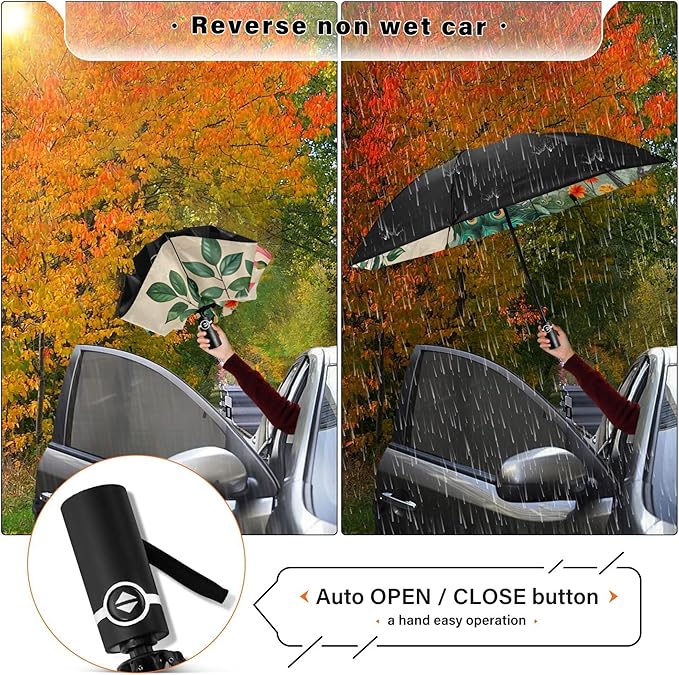 Automatic Folding Umbrella Windproof Strong, UV Protection Compact Floral Hydrangea Hummingbird Sun Rain Sun Rain Travel Umbrellas for Women Men