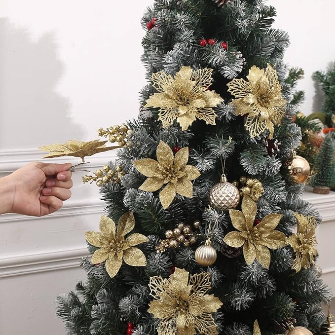 24Pcs Gold Glitter Poinsettia Christmas Tree Ornaments and Glitter Berries Stems, 16Pcs Christmas Artificial Flowers and 8 Pack Christmas Tree Picks for Wedding Holiday Decorations