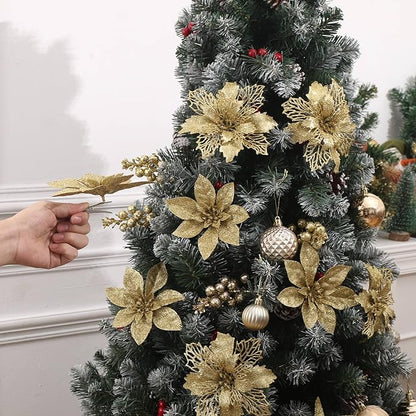 24Pcs Gold Glitter Poinsettia Christmas Tree Ornaments and Glitter Berries Stems, 16Pcs Christmas Artificial Flowers and 8 Pack Christmas Tree Picks for Wedding Holiday Decorations