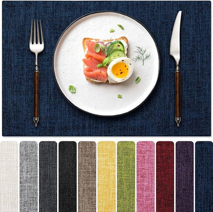 Blue Forest Placemats Set of 6, Dual-Layered Thickened Faux Linen Cloth Place Mats Heat Resistant Machine Washable Wrinkle Free Table Mats Indoor/Outdoor (Navy Blue)