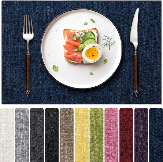 Blue Forest Placemats Set of 6, Dual-Layered Thickened Faux Linen Cloth Place Mats Heat Resistant Machine Washable Wrinkle Free Table Mats Indoor/Outdoor (Navy Blue)