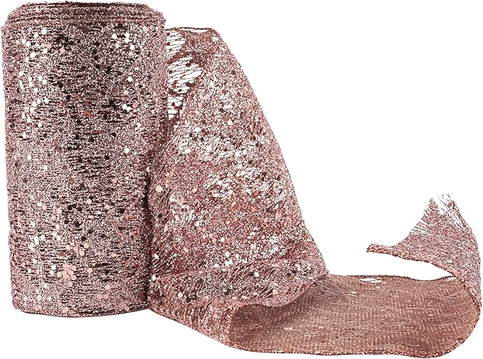 MEEDEE 6 Inch Wide Wired Ribbon Rose Gold Glitter Mesh Web Wired Edge Ribbon by 10 Yards Roll Rose Gold Wired Ribbons for Christmas Tree, Garland, Holiday Wreaths, Bows, Centerpiece, Gift Wrapping