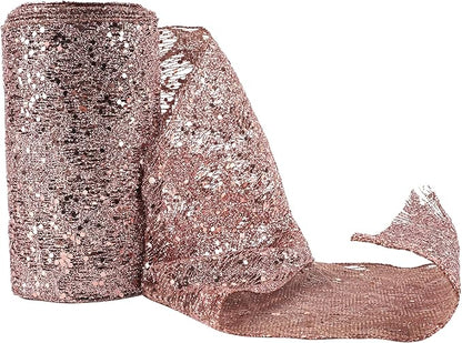 MEEDEE 6 Inch Wide Wired Ribbon Rose Gold Glitter Mesh Web Wired Edge Ribbon by 10 Yards Roll Rose Gold Wired Ribbons for Christmas Tree, Garland, Holiday Wreaths, Bows, Centerpiece, Gift Wrapping