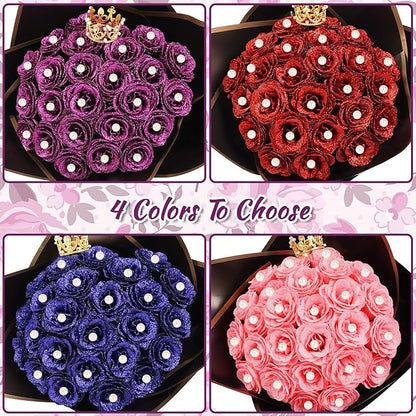 DIY Glitter Roses Bouquet, Valentine's Day Everlasting Shiny Artificial Bouquet, Purple Faux Flowers with Stem Pearl Crown for Graduation Gifts Wedding Anniversary Engagement Day Birthday,25 Pcs