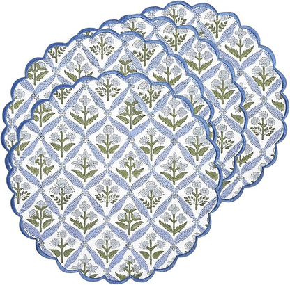 Ridhi Light Steel Blue Bo-ho Round Place Mat Easter Floral Cotton Washable Placemats 15" Round Embroidery Block Print Table Mat Pack of 8-15 Inch Round