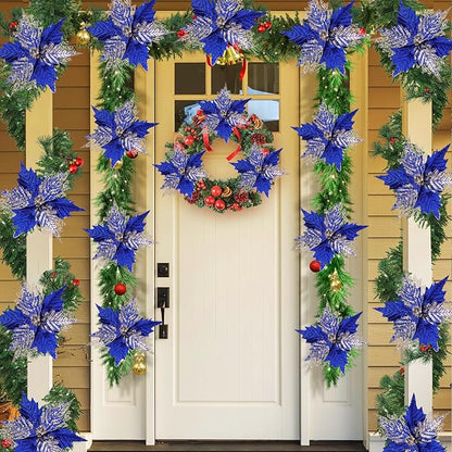 10'' Large Christmas Glitter Poinsettia Flowers Decorations, stadeco 10 Pcs Christmas Tree Picks Ornaments Artificial Flowers with Long Stems for Xmas Tree Wreath Garland Wedding Party DIY Decor