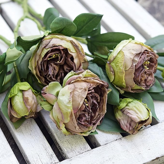 FiveSeasonStuff Vintage Walnut Brown Peonies – Realistic Artificial Silk Flowers with Dry-Look Petals, 6 Stems for Rustic Home & Wedding Floral Arrangements