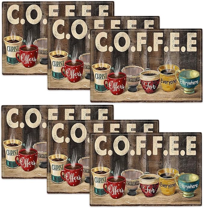 Christian Coffee Placemats Set of 6 Coffee Table Mats Washable Place Mats for Home Party Indoor Kitchen Dining Table Decoration 12x18 Inch