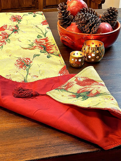 Tache Floral Red Roses Birds Golden Woven Table Runner - Vintage Tapestry Botanical Kitchen Dining Dinner Linens Cloth - 13 x 54 inches