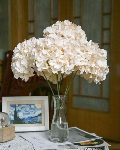 DuHouse Hydrangea Silk Flowers Large Artificial Flowers with Stem Fake Champagne Flower Heads for Wedding Centerpiece Home Decor Pack of 6