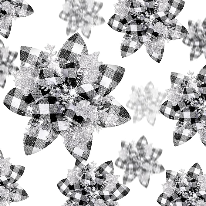 24 Christmas Glitter Artificial Poinsettia Flowers Xmas Poinsettia Artificial Wedding Flowers Decorations Xmas Tree Ornaments with Clips for Party Favors, 6 Inch, 4 Inch, 3 Inch (Black White, Silver)