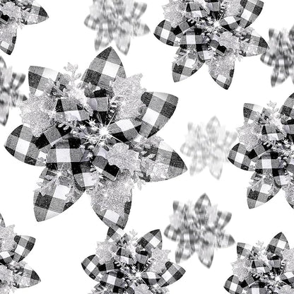36 Pcs Christmas Glitter Artificial Poinsettia Flowers Xmas Poinsettia Artificial Wedding Flowers Decorations Xmas Tree Ornaments with Clips for Party, 6 Inch, 4 Inch, 3 Inch(Black, White, Silver)