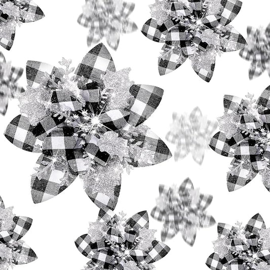 36 Pcs Christmas Glitter Artificial Poinsettia Flowers Xmas Poinsettia Artificial Wedding Flowers Decorations Xmas Tree Ornaments with Clips for Party, 6 Inch, 4 Inch, 3 Inch(Black, White, Silver)