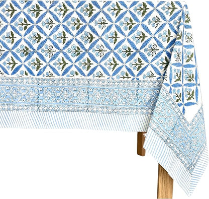 ATOSII Netta Blue 100% Cotton Rectangle Spring Tablecloth, Handblock Floral Linen Table Cloth for Kitchen Dining Table I Parties Weddings Outdoors Home Decor 72 X 120 Inches I 10 Seater