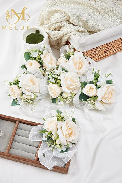 Meldel Champagne Wrist Corsage for Bride Bridesmaid Wedding,Set of 6, Romantic Artificial Rose Pearls Wristband Wrist Flower for Bridal Shower Ceremony Prom Party, Mother and Grand Mother Wrist Flower