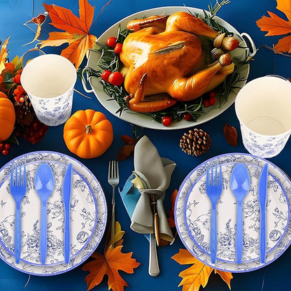 175Pcs Blue Floral Paper Plates and Napkins 25 Guests Blue Toile Chinoiserie Party Supplies Set Include Plates Napkins Cups Spoons Forks Knives for Birthday Wedding