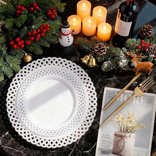COLOSUS 60Pcs White Plastic Plates, Fancy White disposable Plates,Nice Scallop plates,Heavy Duty Lace Hollowed Out Plates include 30 Dinner Plate 10” and 30 Salad/Dessert Plate 7.5”for Christmas