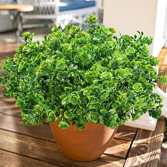 HyeFlora Artificial Plants for Outdoors Outside Spring Summer Decoration, 12 Bundles Faux Green Plastic Leaves Stems Bulk Fake Greenery Look Real UV Resistant for Home Porch Patio Planter Yard Wedding