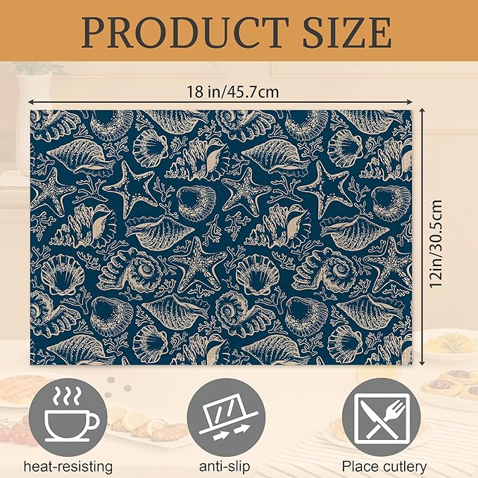 Ocean Coral Teal Placemats Set of 6,Washable Heat Resistant 12×18 Inch Linen Table Mats Coastal Place Mats for Party Outdoor Dining Décor