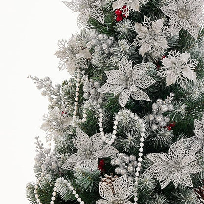 Zhuqing 22Pcs Christmas Poinsettia Artificial Flowers and Glitter Berries Stems Kit, 16Pcs Christmas Tree Flowers Ornaments and 6 Pack Christmas Tree Picks for Wedding Holiday Decorations (Silver)