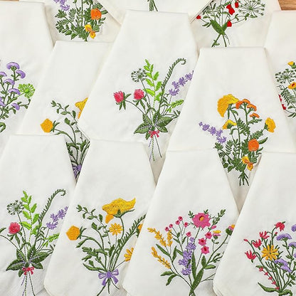 Tioncy 12 Pcs Christmas Floral Cloth Napkins Decorations Bulk Embroidered Wildflower Dinner Napkins Tea Cocktail Party Gifts Xmas Stocking Stuffers for Holiday Table Decor (White)